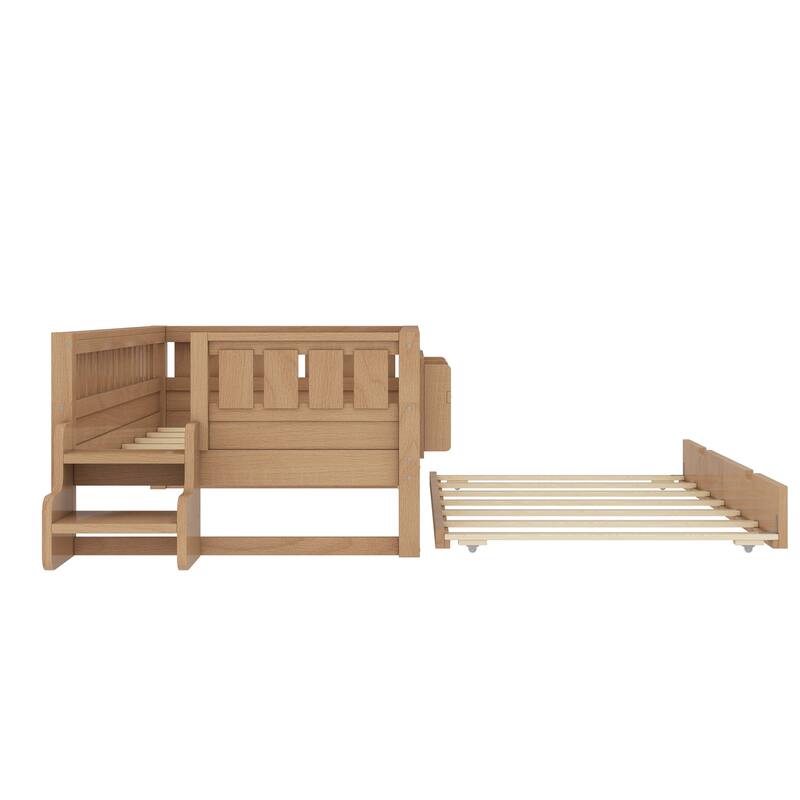 Full/Twin Size Wood Bed with Built-in Bookshelves and Storage Staircase, Safety Rails and Trundle Bed