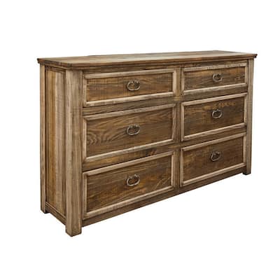 Maze 67 Inch 6 Drawer Dresser Solid Pine and Mango Wood Light Brown