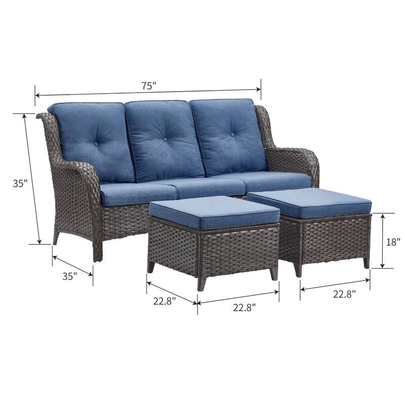 Pocassy 3-Piece Outdoor Wicker Sofa Set with Ottoman