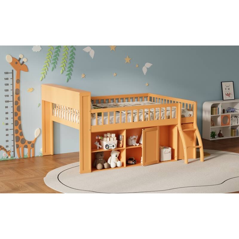 Roomfitters Full/Queen Loft Bed with Storage Shelves and LED Headboard