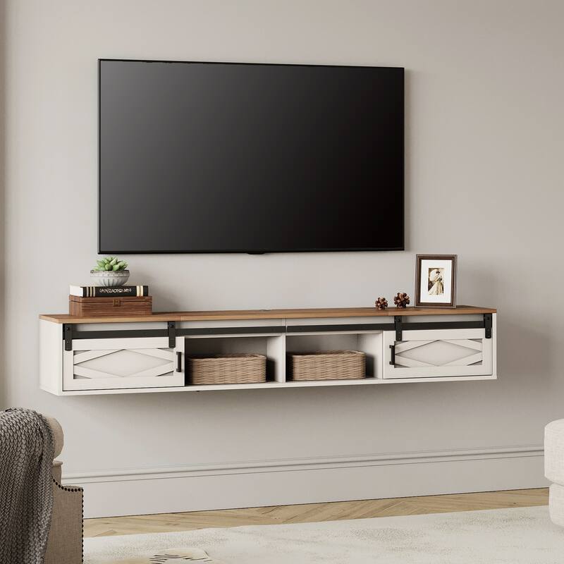 Sliding Barn Door Floating TV Stand with Charging Station
