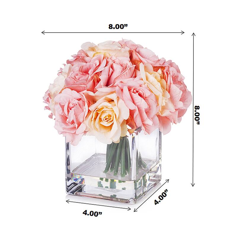 Enova Home Artificial 18 Pieces Fake Roses Silk Flowers Arrangement in Cube Glass Vase for Home Wedding Party Decoration