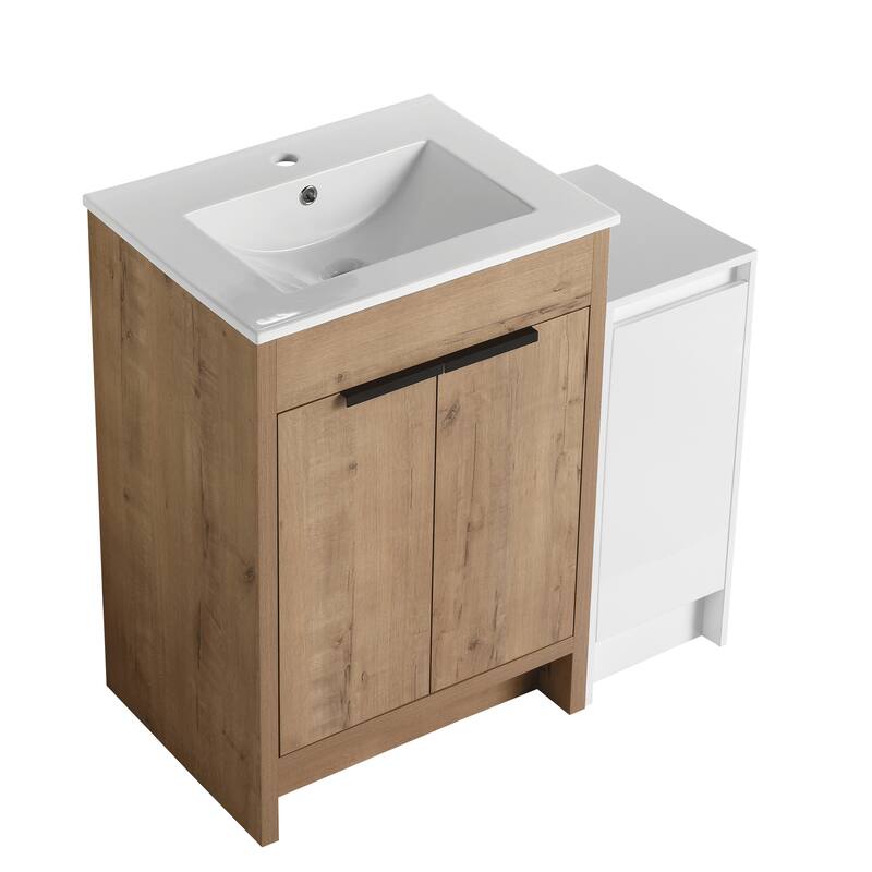 72" Freestanding Bathroom Vanity Set with Adjustable Storage Cabinets, Black Ceramic Sink - 35.8 in W Plywood - 35.8 in W Glossy White,Imitative Oak