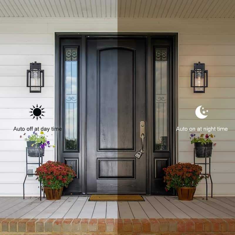 Modern Black 1-Light Hammered Glass Lantern Outdoor Wall Sconce