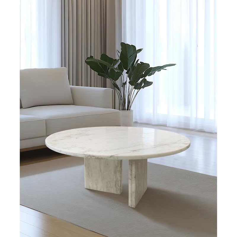 Roomfitters Round Marble Coffee Table, Natural Stone Living Room Table, Solid Marble Accent Table, Modern Design - White+Natural