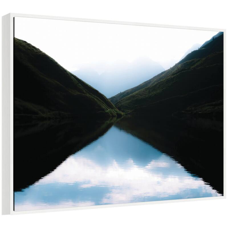 Kate and Laurel Sylvie Minimalist Mountain Lake Reflection at Sunrise Framed Canvas by Michael Schauer - 42x32