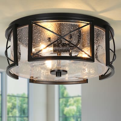 Clyno Mid-Century Modern 3-Light Black Seeded Glass Drum Flush Mount Light - D 13" x H 6"