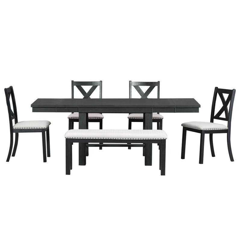 6-Piece Extendable Dining Table with Footrest, 4 Upholstered Dining Chairs and Bench, Kitchen Table and Chairs Set