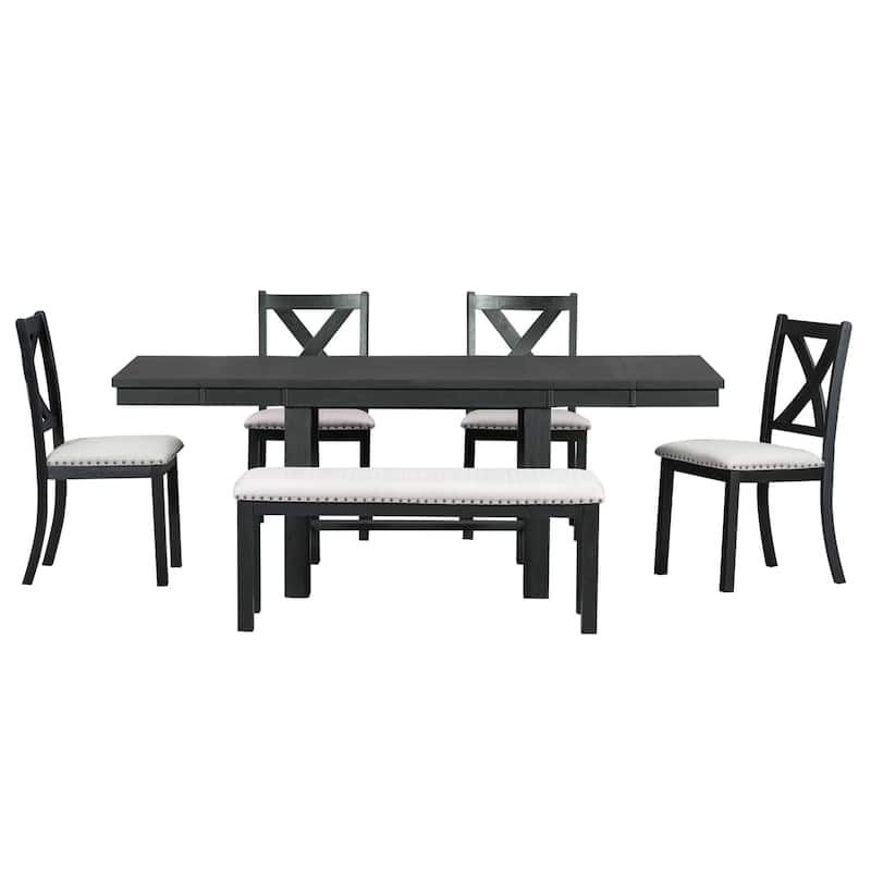 82inch 6-Piece Extendable Dining Table with Footrest, 4 Upholstered Dining Chairs and Dining Bench, Two 11"Removable Leaf