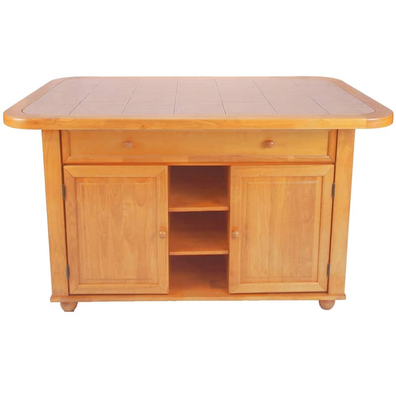 Kitchen Island with Storage & Breakfast Bar ,Oak Finish, Tile Top - Home Organization & Prep Station