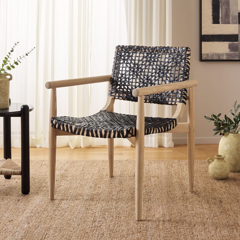 SAFAVIEH Clarissa Solid Wood & Leather Accent Chair (Fully Assembled) - W23" x D23" x H33" - 23Wx23Dx33H