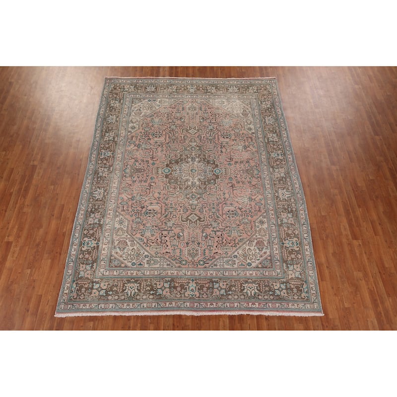 Distressed Tabriz Persian Vintage Rug Hand-Knotted Pink Wool Carpet - 8'2" x 11'1"
