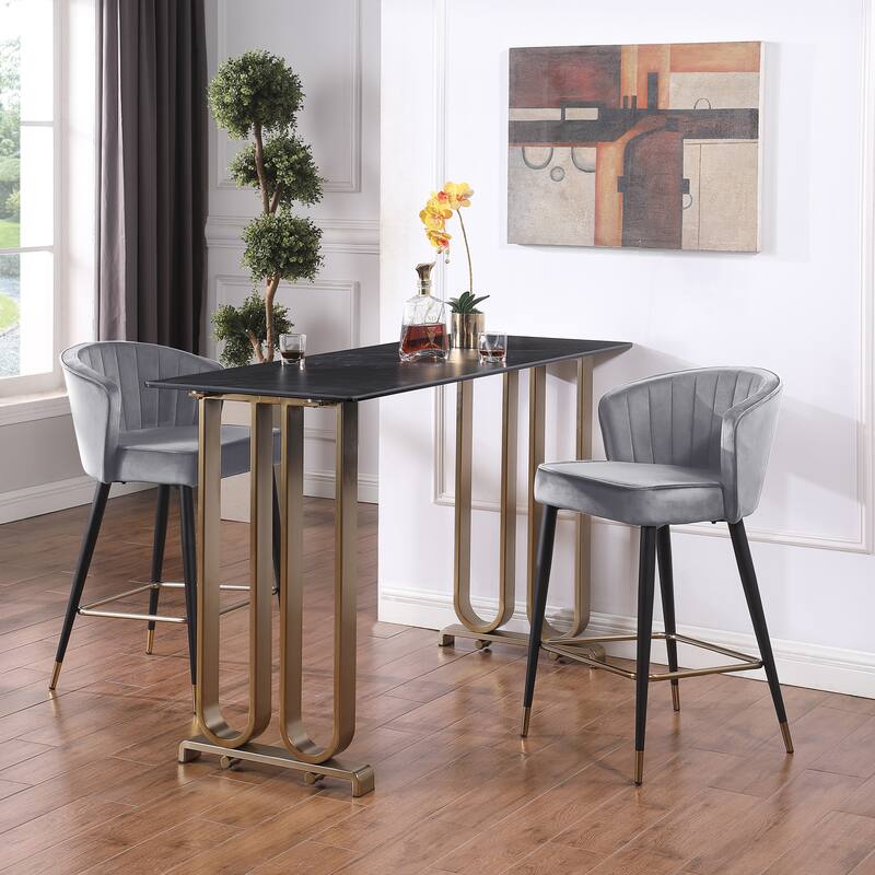 Velvet Upholstered Counter Height Stool with Deep Channel Tufting and Gold Tipped, Black Metal Legs, 20" W x 21" D x 36.5" H
