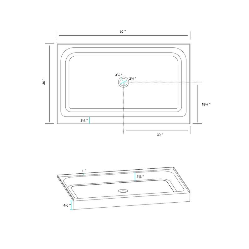 Indigo Home 60x36 inch Single Threshold Shower Tray Center Drain in White