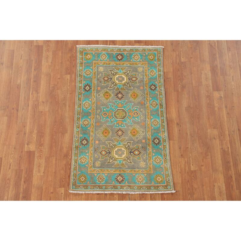 Geometric Grey Kazak Oriental Accent Rug Handmade Wool Carpet - 2'6" x 4'5"