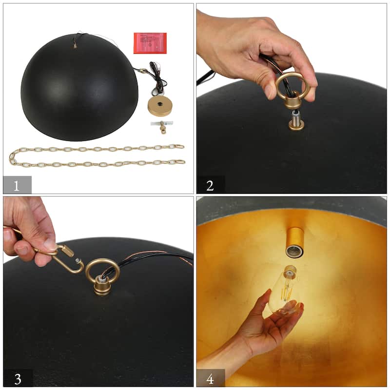 Modern Industrial 1-Light Oversized Black Gold Pendant Semi-Circular Design Chandelier for Dining Room