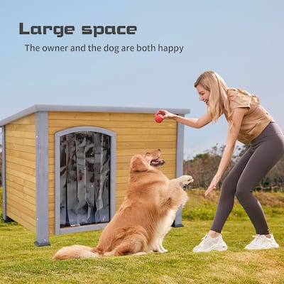 45" Winter Warm Outdoor Indoor Dog House, Made Of Solid Wood, Plastic Curtain, Insulation Mat