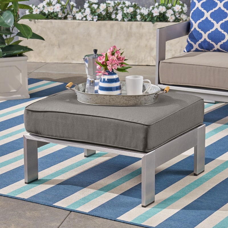 Cape Coral Cushioned Auminum Ottoman by Christopher Knight Home - Silver and Grey - Large