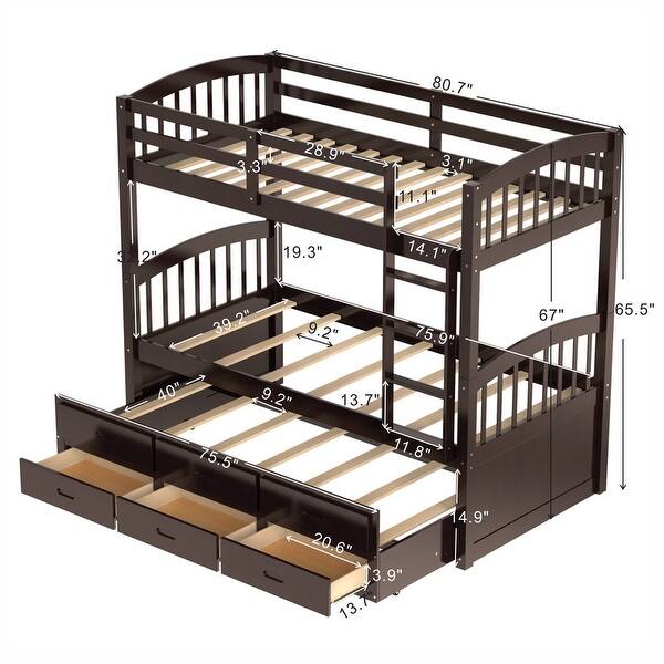 Twin over Twin Wood Bunk Bed with Trundle and Drawers Bed Bath