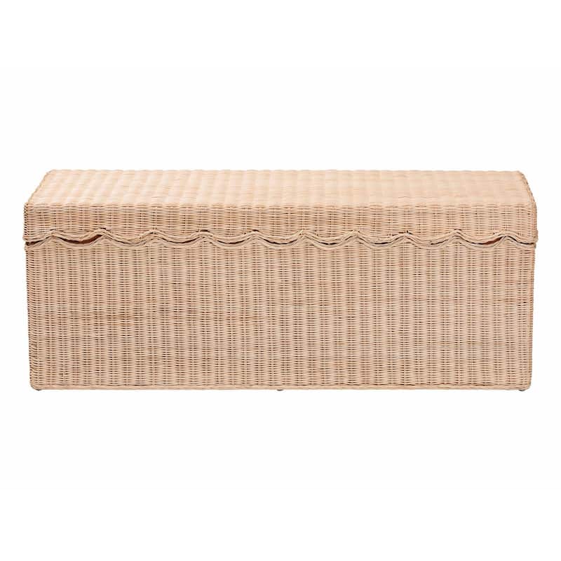 Damita Scallop Natural Rattan Chest with Lift-top - Coastal Boho Style Storage Bench for Bedroom, Entryway, or Living Room