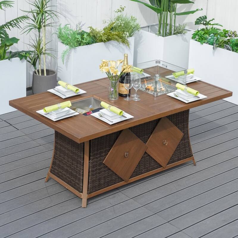 Outdoor Rectangular Fire Pit Table with Ice Bucket and Windshield - Brown