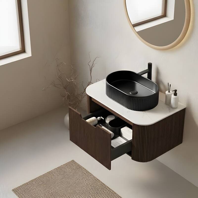 Wall Mounted Bathroom Vanity with Black Oval Ceramic Basin