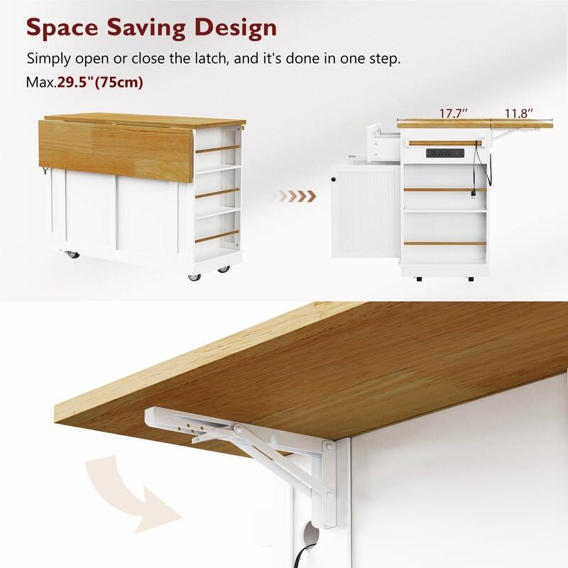 48" Rolling Kitchen Island with Drop Leaf, Power Outlet & 2 Bar Stools, Storage Cart with Drawers & Racks
