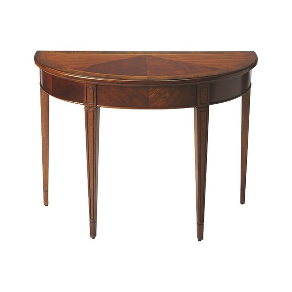 Transitional Wooden Demilune Console Table in Olive Ash Burl Finish - Medium Brown