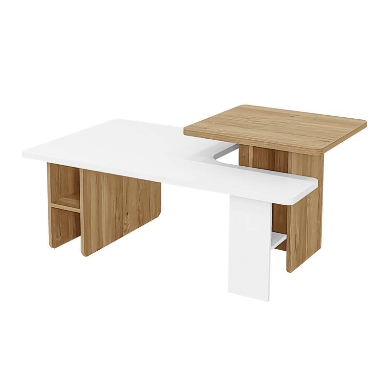 Set of 2 Modern Farmhouse Nesting Coffee Tables, Wood Finish Rectangle Living Room & Sofa Side Tables