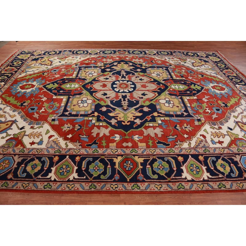 Hand Knotted Oriental 100% Wool Carpet Traditional Medallion Oranges & Rust Heriz (serapi) Area Rug - 13' 10'' X 9' 9''