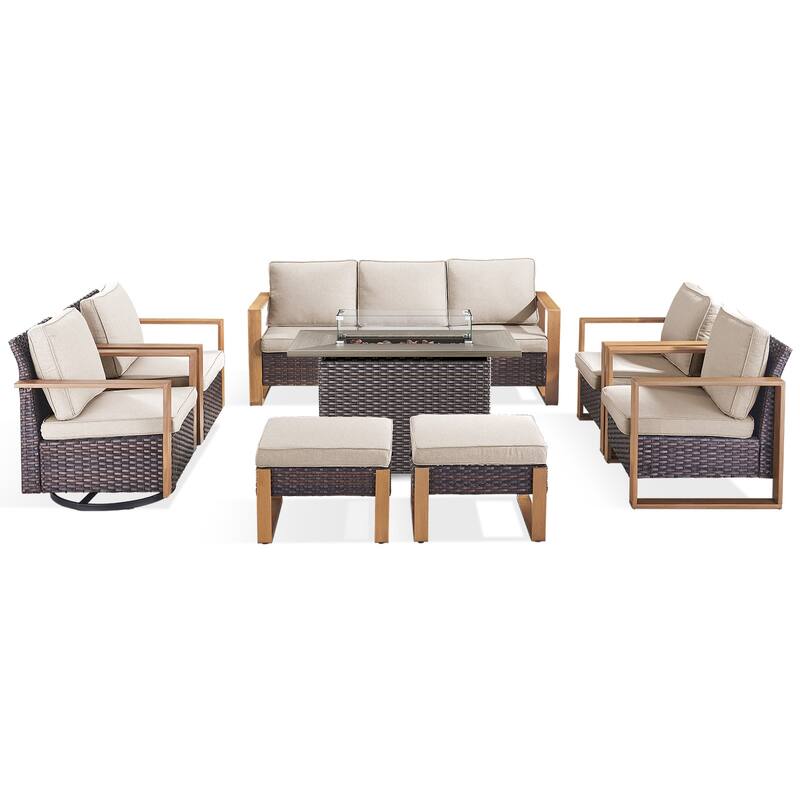 Meyreso Wicker Outdoor Patio Fire Pit Set with Swivel Gliders and Olefin Cushions