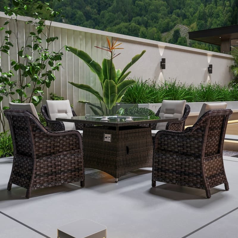 Modern Outdoor Square Fire Pit Table Set with 4 Dining Chairs