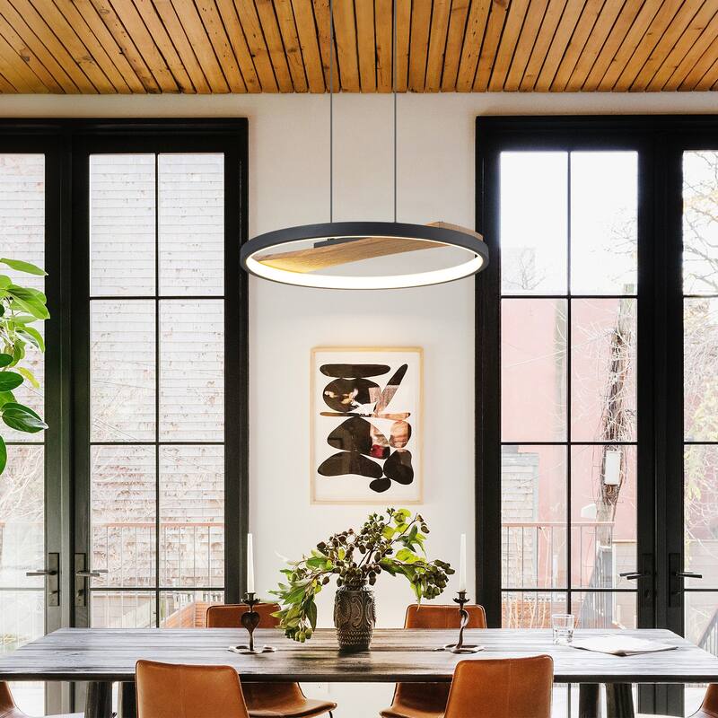 1-Light Modern Black Round Wheel Wood Integrated LED Pendant Light for Dining Room - 15.7 in. W x 81.1 in. H