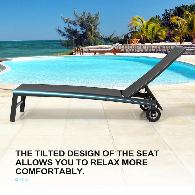 3-piece Outdoor Adjustable Aluminum Reclining Chaise Lounge Chairs with Wheels and Side Table Set
