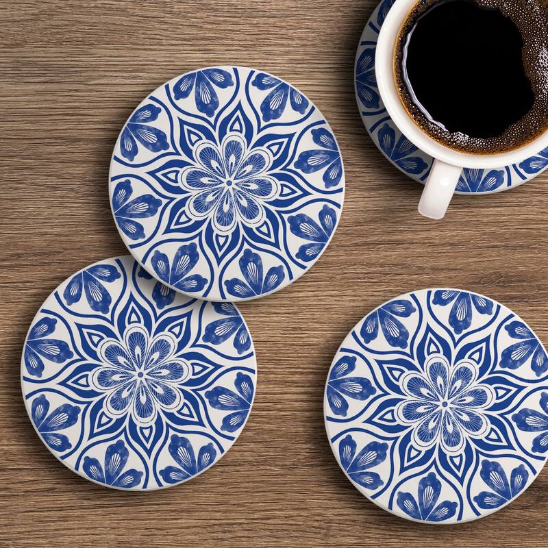 Counterart Absorbent Stone Coasters - Blue Mandala - Set of 4 - 4x4x1.588