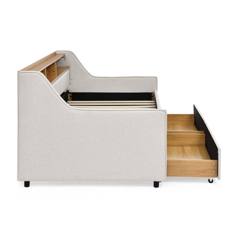 Roomfitters Twin Upholstered Sofa Bed with Adjustable Storage Headboard, Backlit Shelf and Underbed Storage Trundle