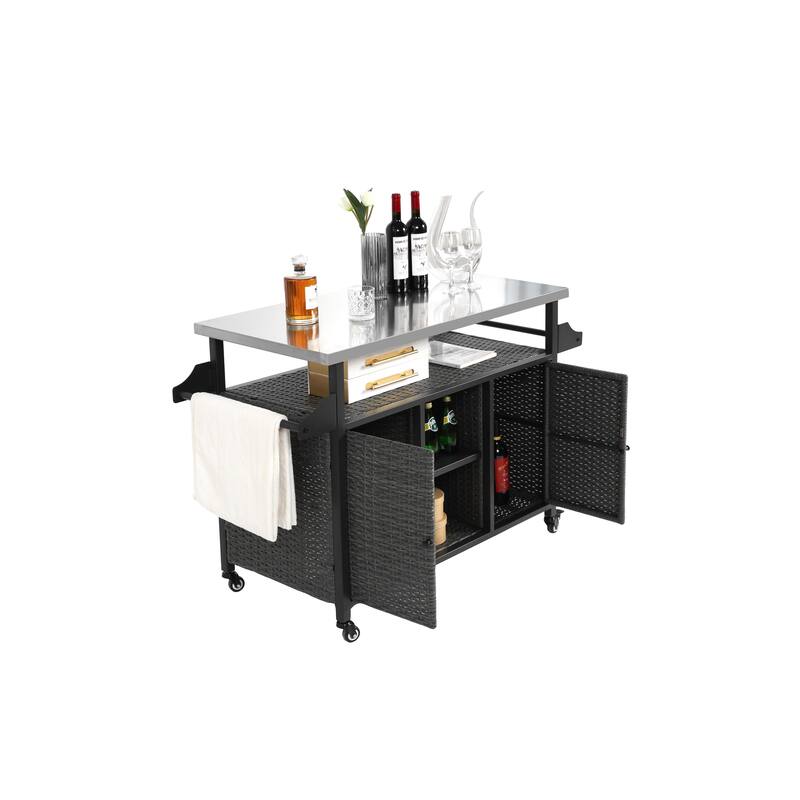 Large bar cart,Outdoor Kitchen Wicker Island Rolling Cart & Storage Cabinet, Wheels and Stainless Steel Extended Table Top