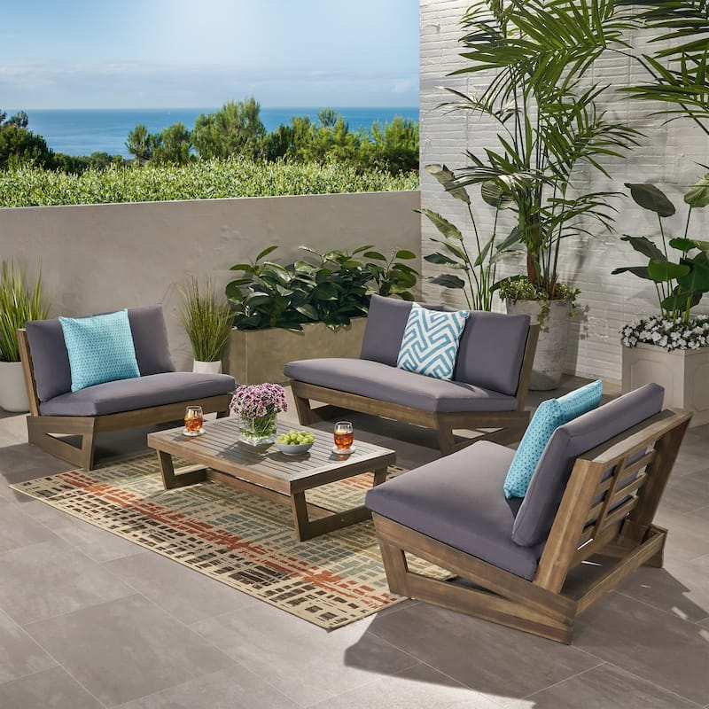Sherwood Outdoor 4-Seater Wood Chat Set by Christopher Knight Home - Gray Finish+Dark Gray