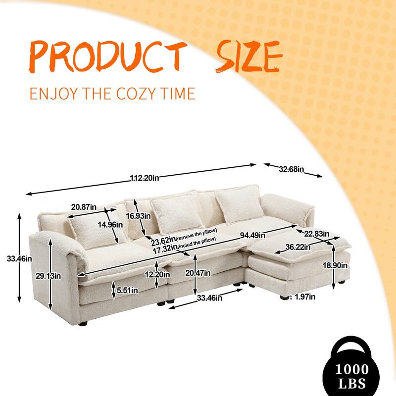 Chenille Fabric L-Shape Comfy Oversized three-seat Modular Sectional Sofa
