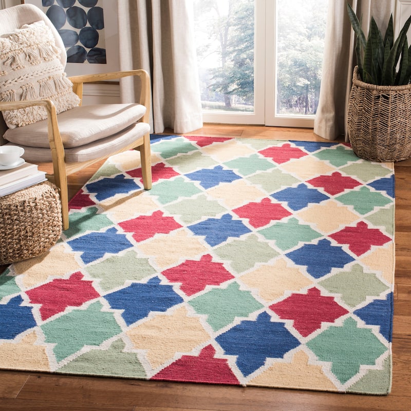 SAFAVIEH Hand-woven Moroccan Jeanmarie Reversible Dhurrie Wool Rug - 3' x 5' - Blue/Multi
