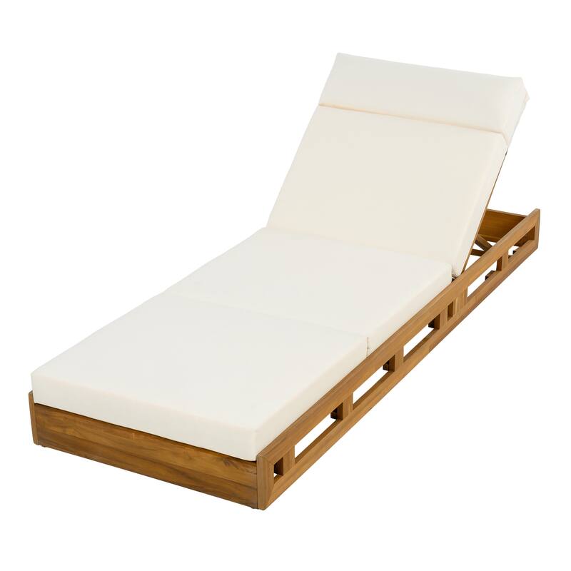 Roomfitters Outdoor Acacia Wood Chaise Lounge with Headrest and 4-Inch Triple-Fold Beige Cushions
