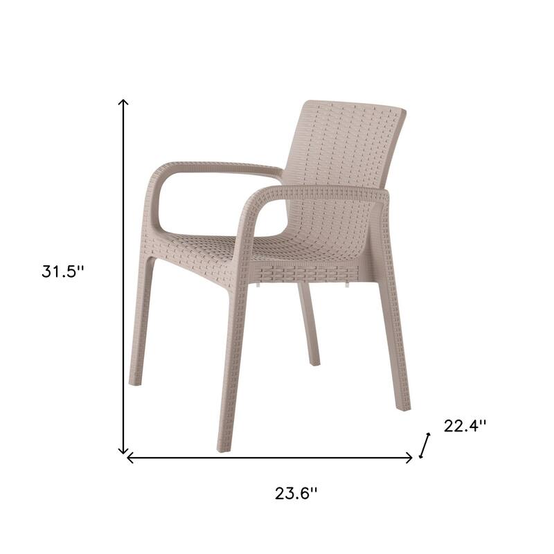 HomeRoots Set of Two Taupe Faux Rattan Heavy Duty Plastic Outdoor Stacking Arm Chairs