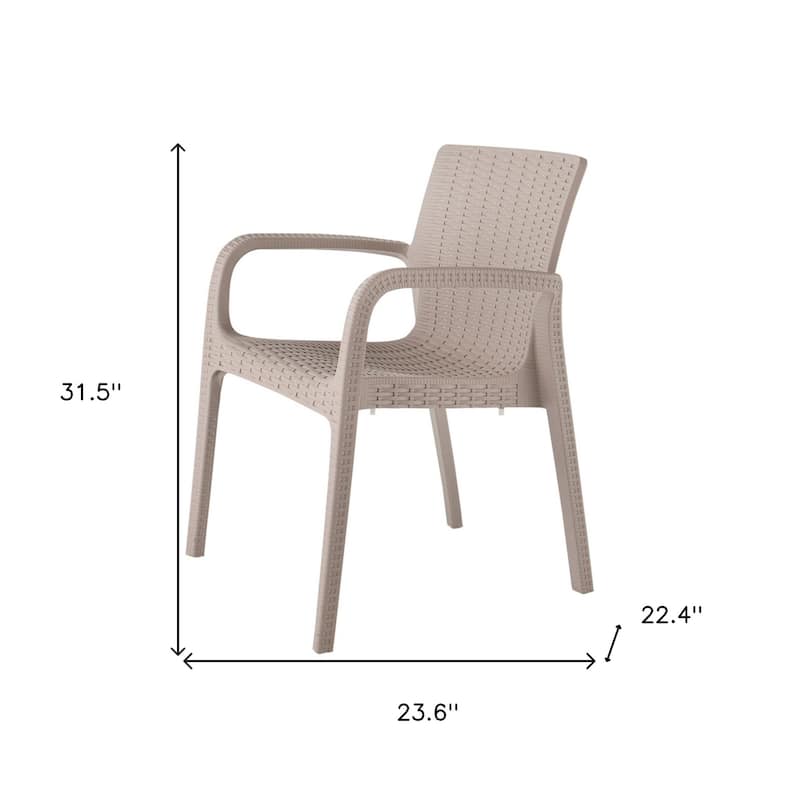 HomeRoots Set of Two Taupe Faux Rattan Heavy Duty Plastic Outdoor Stacking Arm Chairs