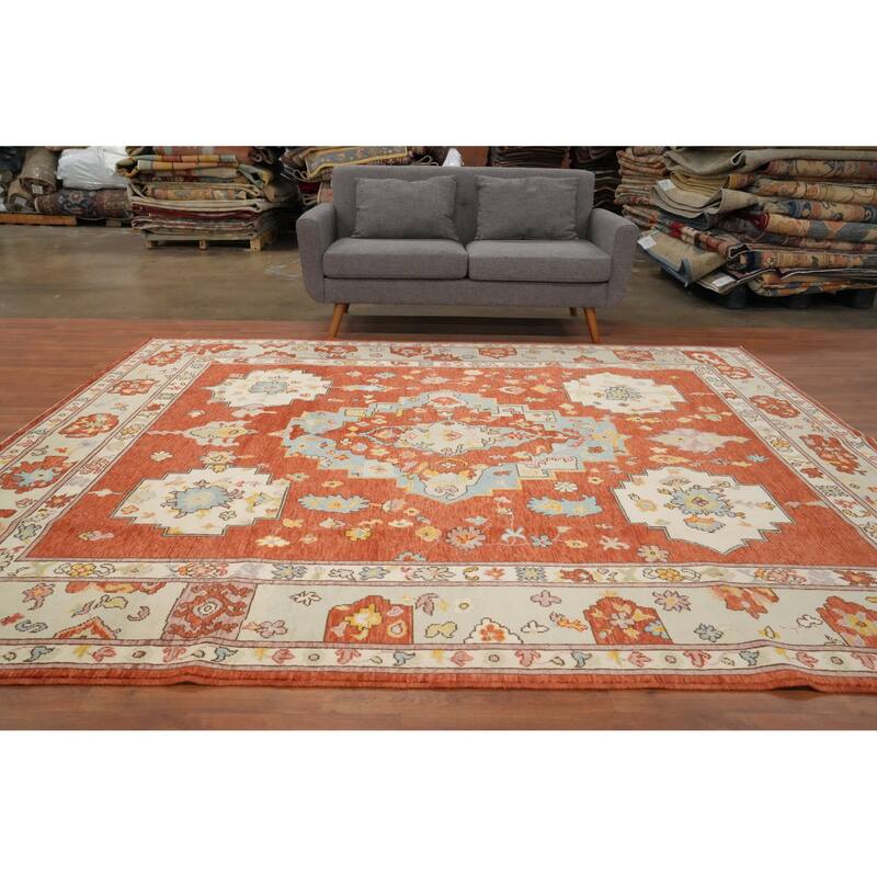 Hand Knotted Oriental 100% Wool Carpet Transitional Medallion Oranges & Rust Oushak Area Rug - 9' 11'' X 8' 3''