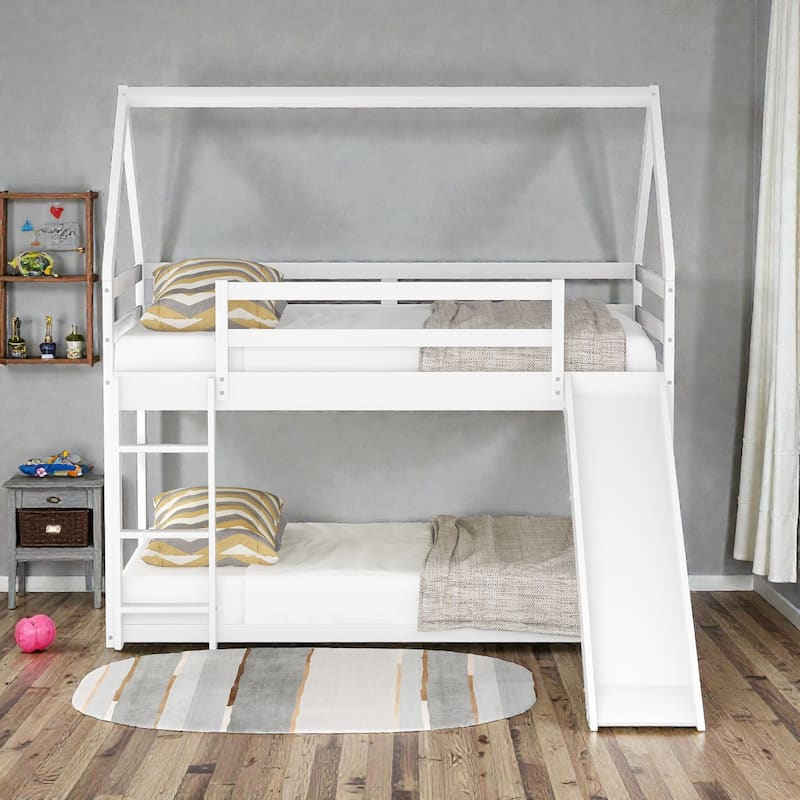 Twin House Bunk Bed with Slide and Ladder, Kids Wooden Bunk Bed Frame with Guardrails, Pine Wood and MDF