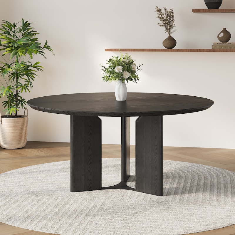 59" Modern Round Dining Table for 6-8, Black Solid Wood Texture, with 3 Stable Wood Legs