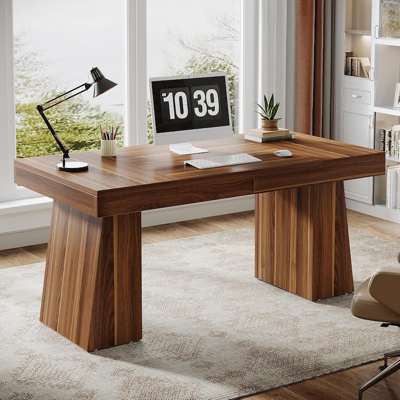 63" Modern Executive Desk, Large Computer Workstation with Sturdy Double Pedestal Base, Elegant Study & Writing Table