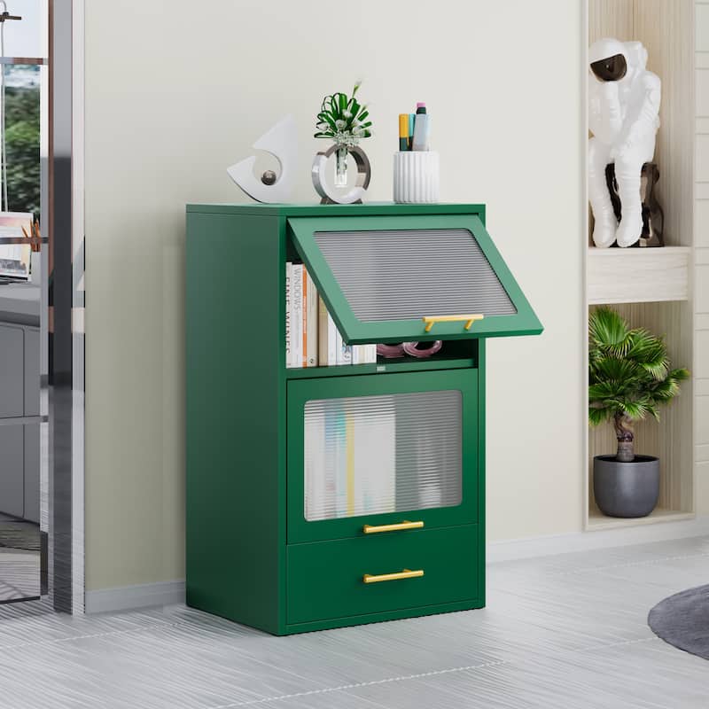Freestanding Metal Display Storage Cabinet,Cupboard with Flip-up Acrylic Doors and Drawer