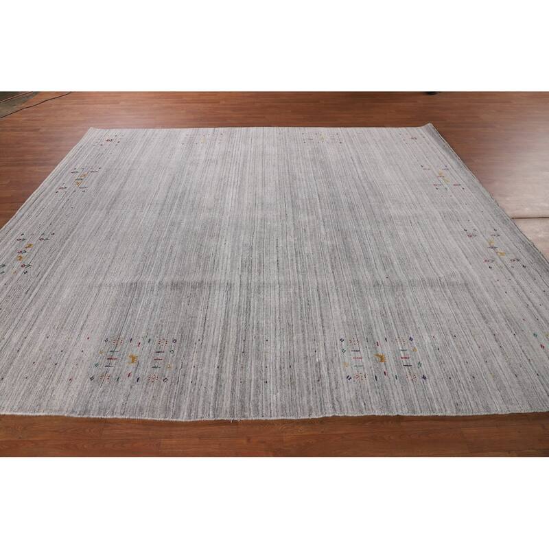 Striped Gray Gabbeh Indian Area Rug Hand-Knotted Wool Carpet - 8'7" X 9'7"
