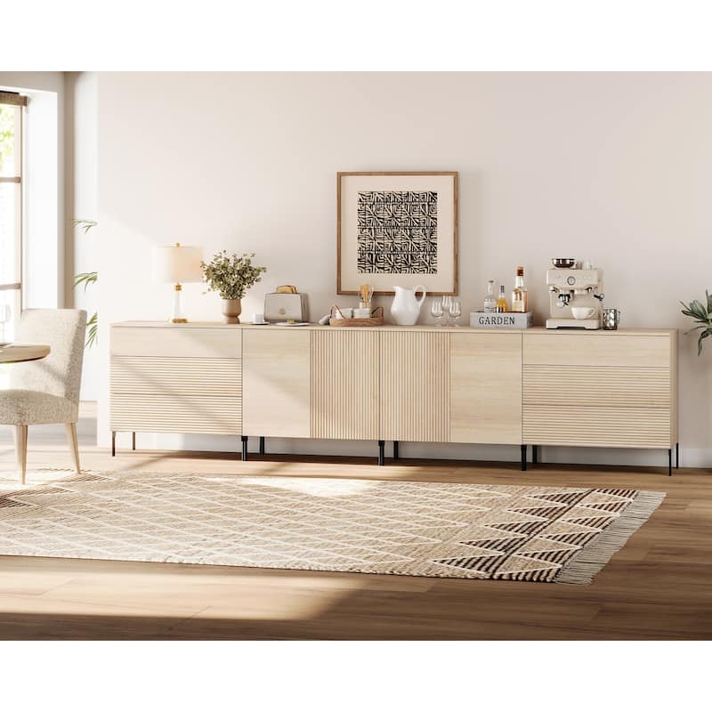 126" Modern Reeded 4-Door Sideboard With Drawers, 4-In-1 Wooden Credenza Storage Cabinet